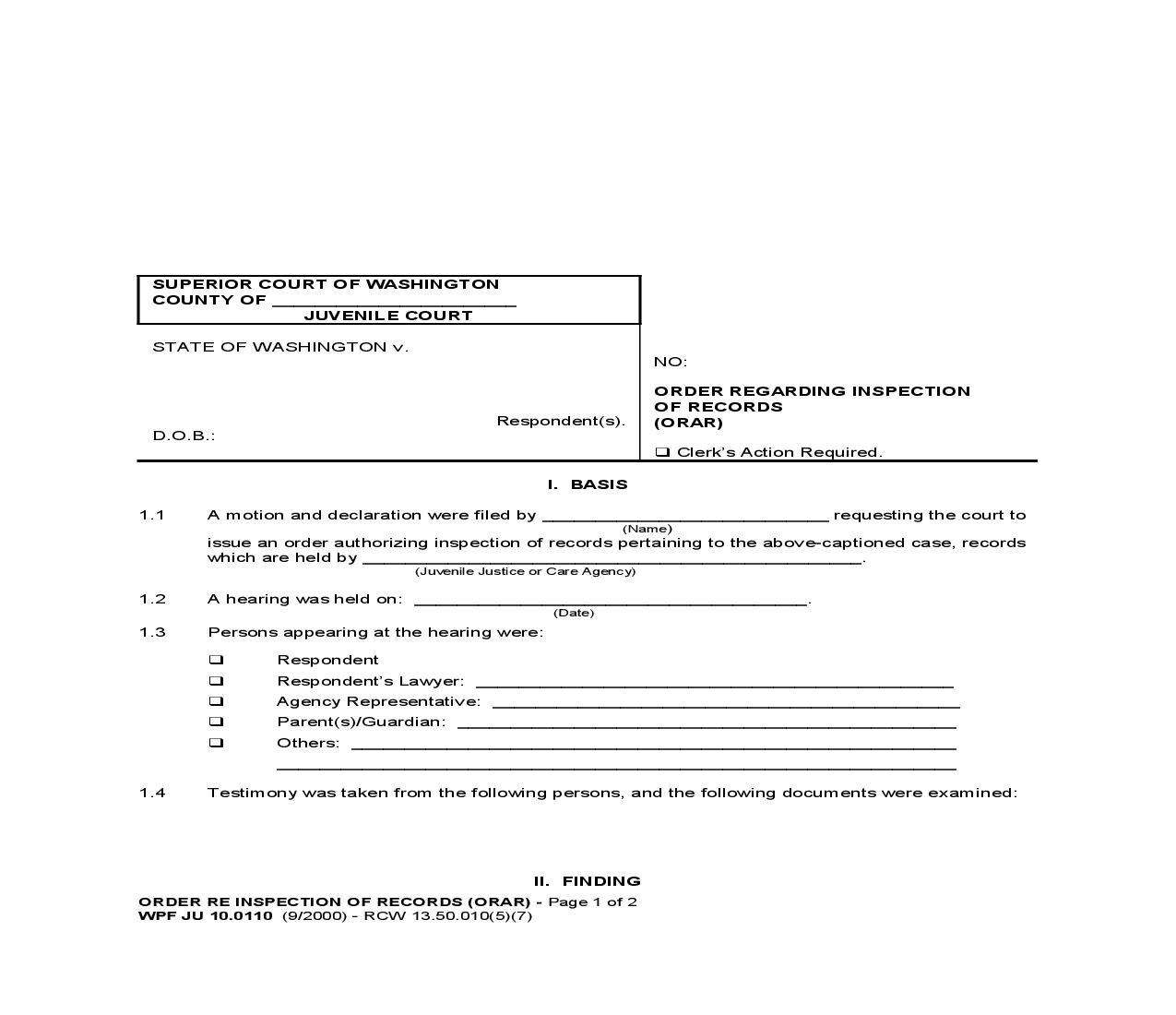 Order Regarding Inspection Of Records {JU 10.0110} | Pdf Fpdf Doc Docx | Washington