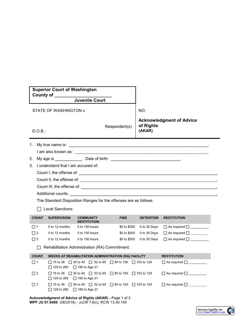 Acknowledgment Of Advice Of Rights {JU 07.0400} | Pdf Fpdf Docx | Washington
