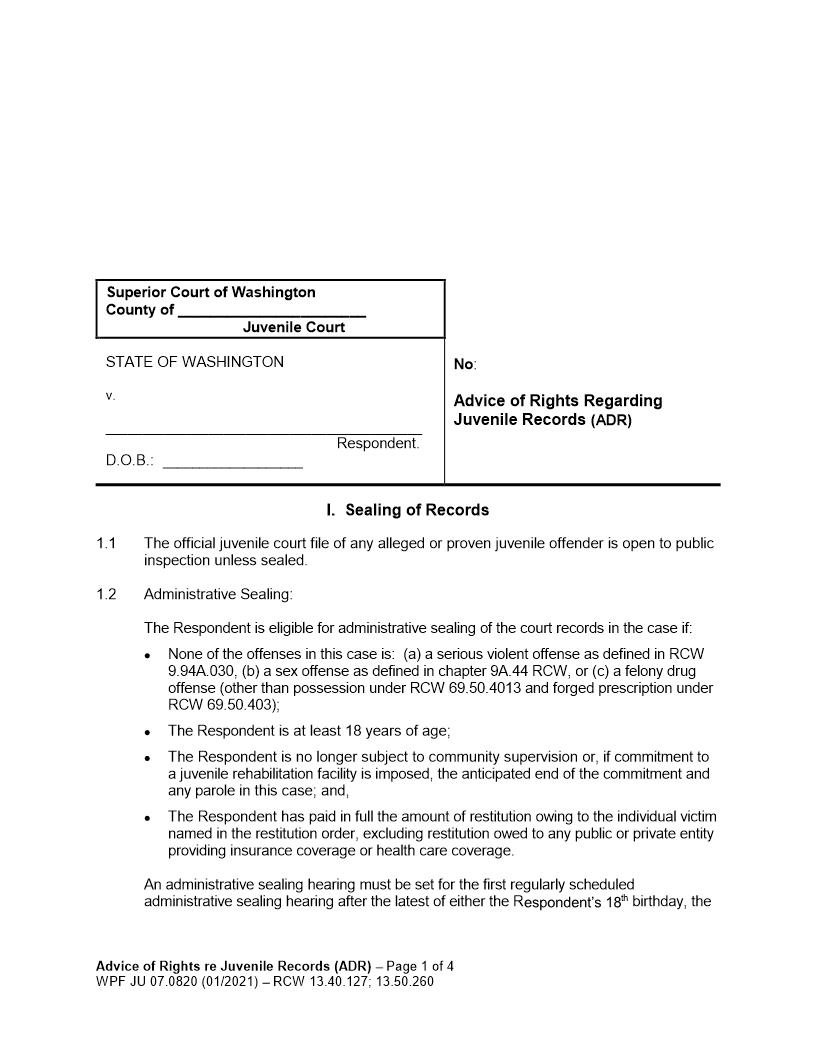 Advice Of Rights Regarding Juvenile Records {JU 07.0820} | Pdf Fpdf Docx | Washington