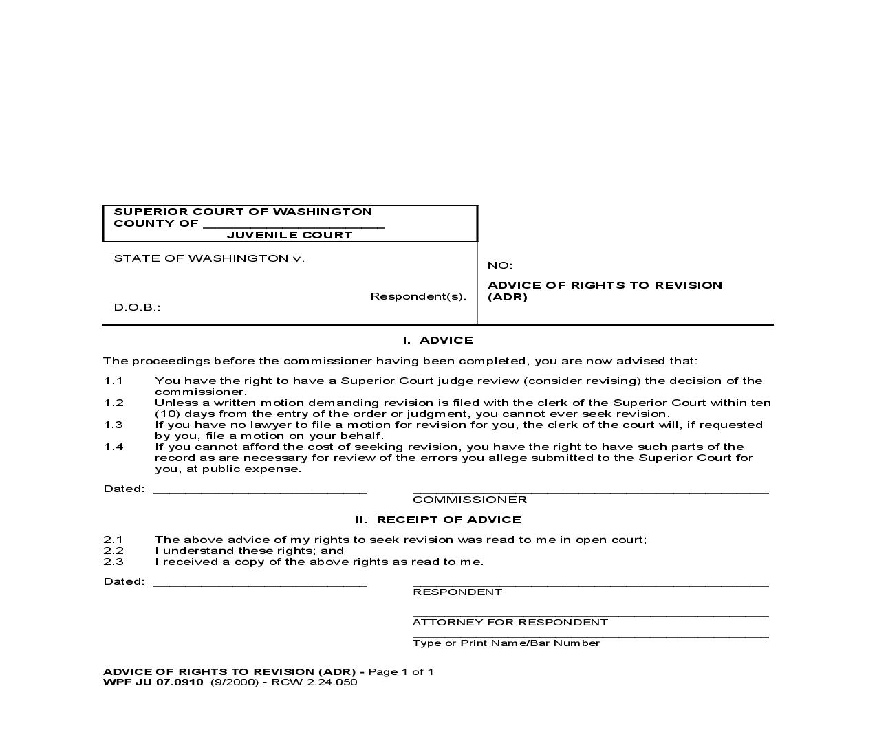 Advice Of Rights To Revision {JU 07.0910} | Pdf Fpdf Doc Docx | Washington
