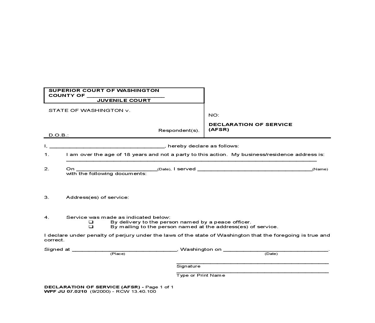 Declaration Of Service {JU 07.0210} | Pdf Fpdf Doc Docx | Washington