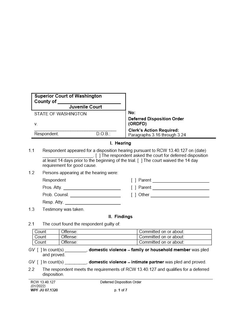 Deferred Disposition Order {JU 07.1320} | Pdf Fpdf Docx | Washington