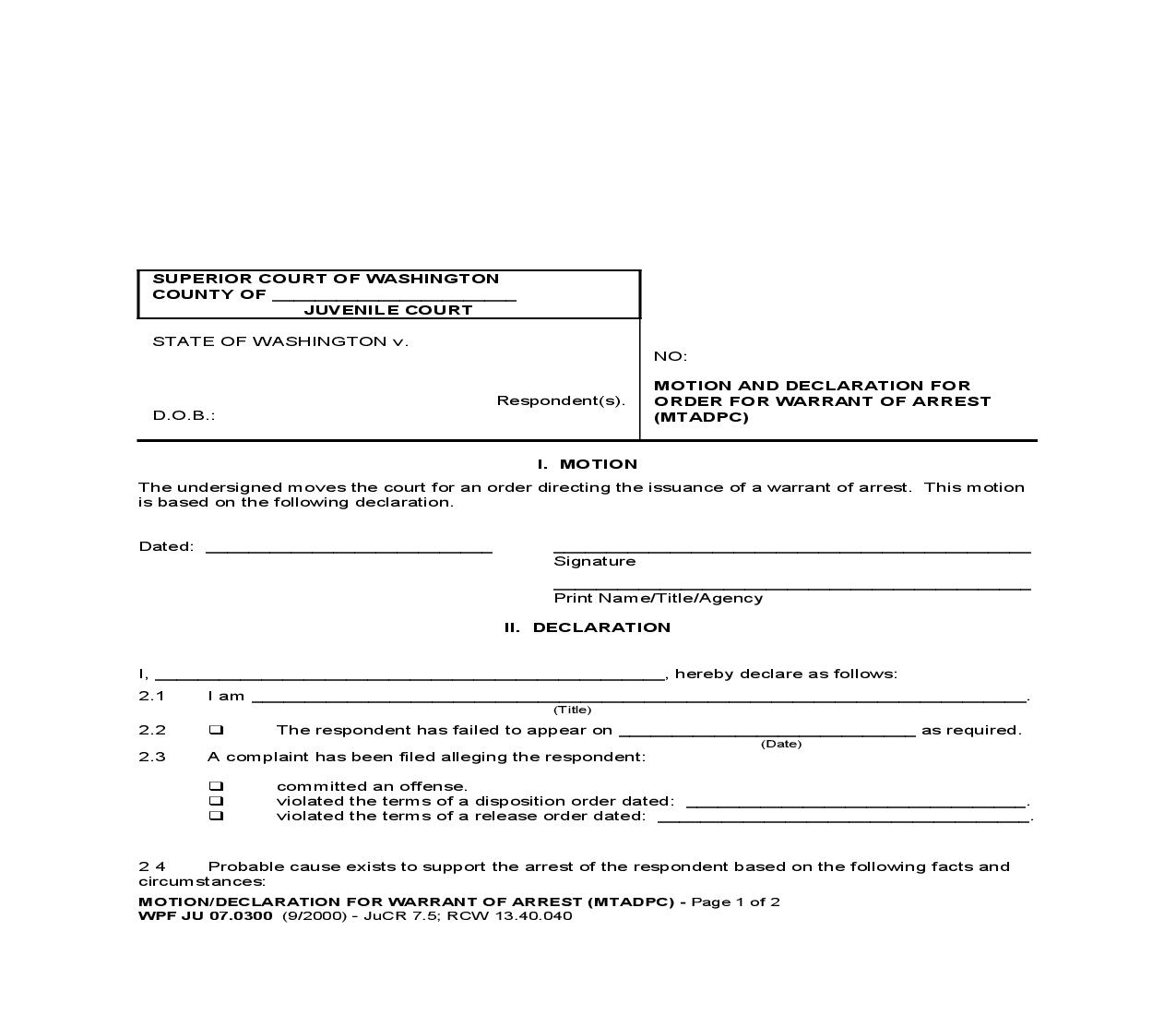 Motion And Declaration For Order For Warrant Of Arrest {JU 07.0300} | Pdf Fpdf Doc Docx | Washington