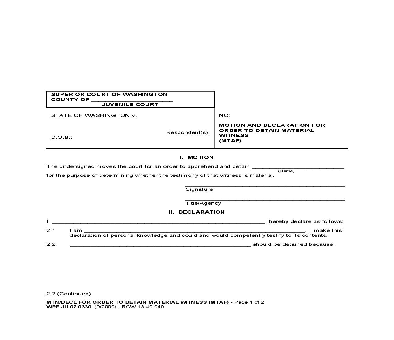 Motion And Declaration For Order To Detain Material Witness {JU 07.0330} | Pdf Fpdf Doc Docx | Washington