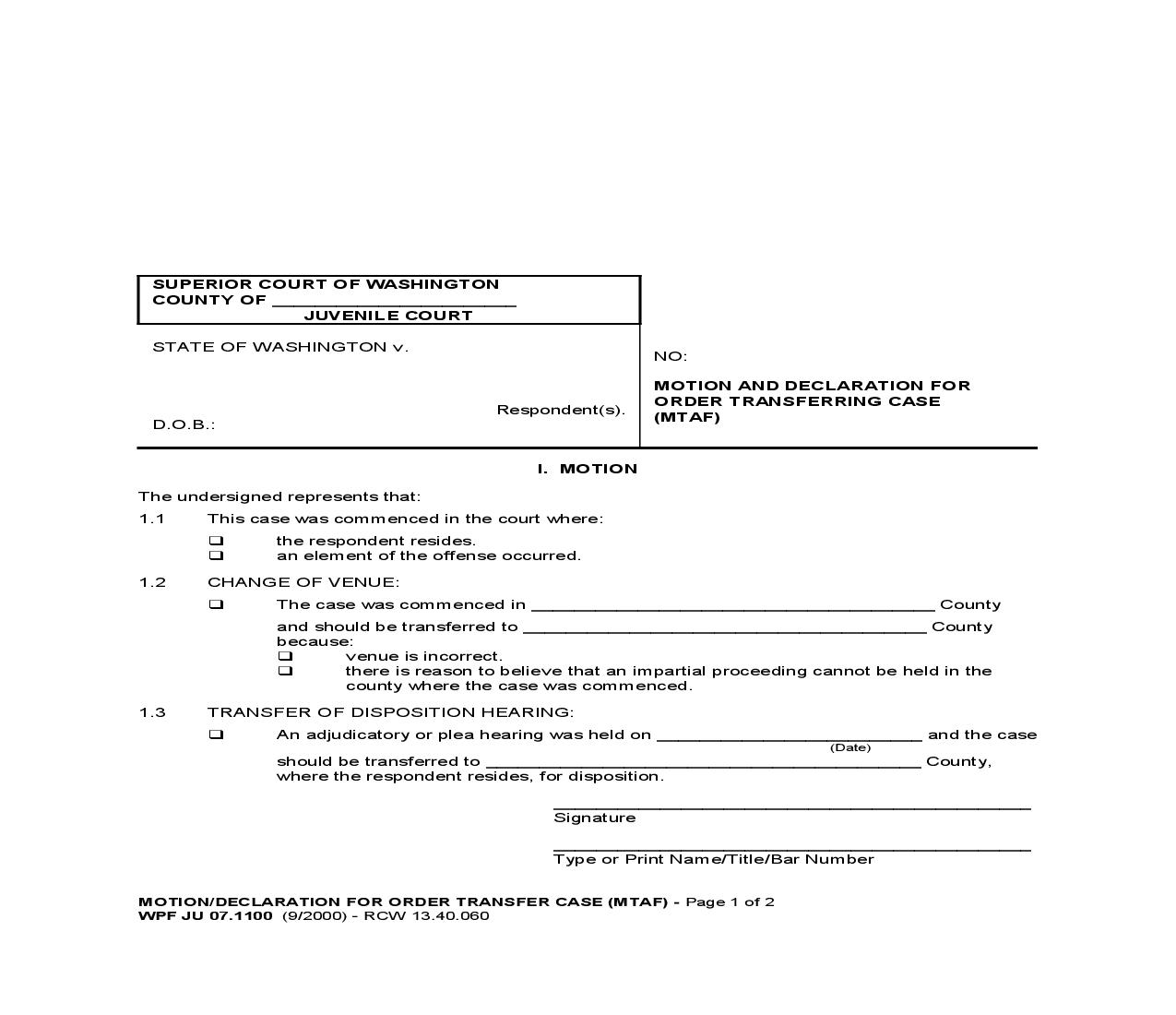 Motion And Declaration For Order Transferring Case {JU 07.1100} | Pdf Fpdf Doc Docx | Washington