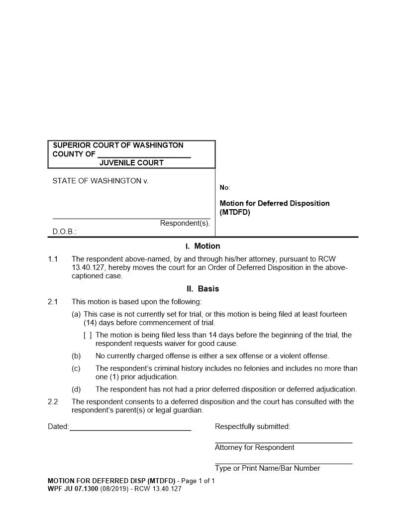 Motion For Deferred Disposition {JU 07.1300} | Pdf Fpdf Doc Docx | Washington