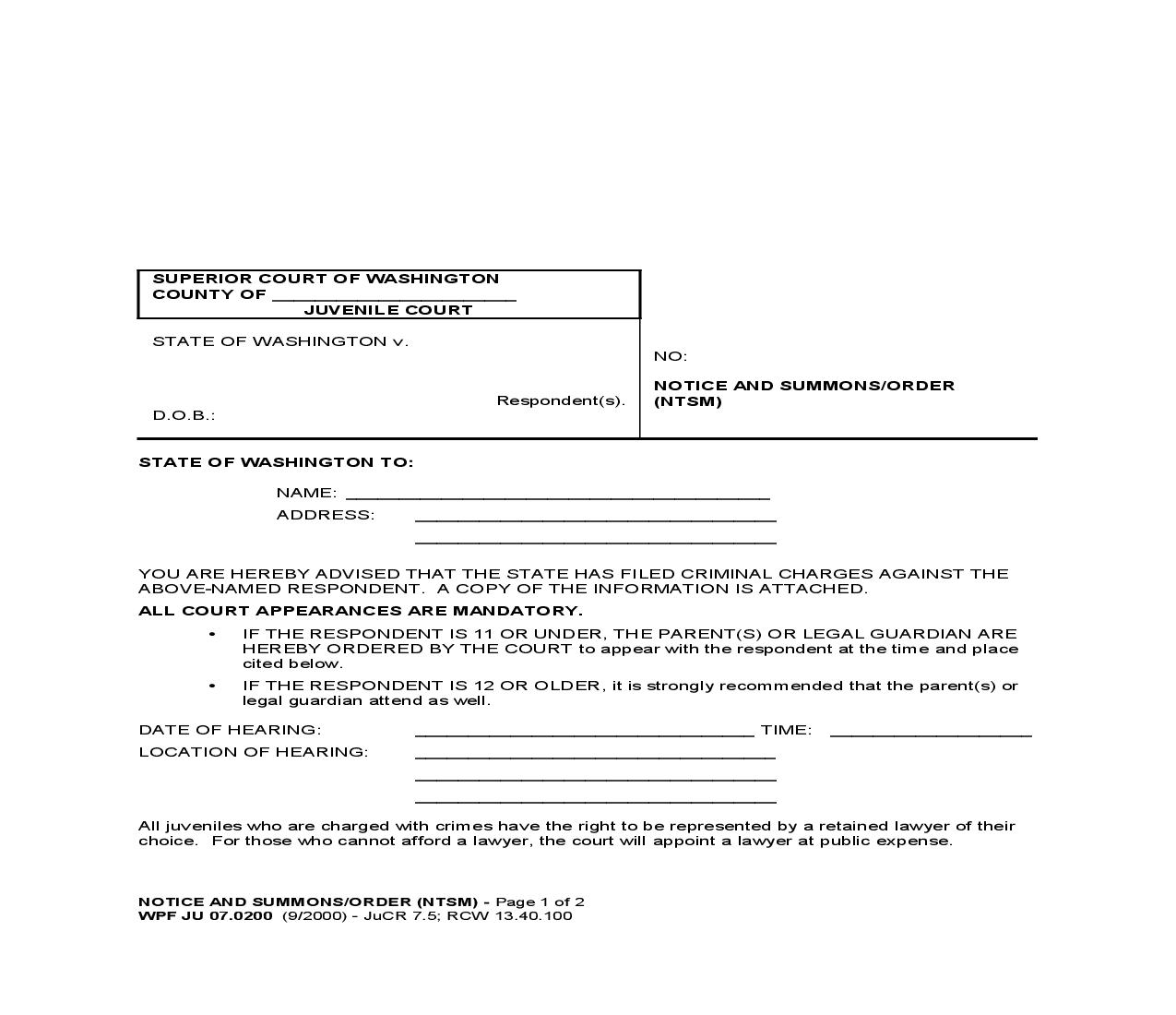 Notice And Summons Or Order {JU 07.0200} | Pdf Fpdf Doc Docx | Washington