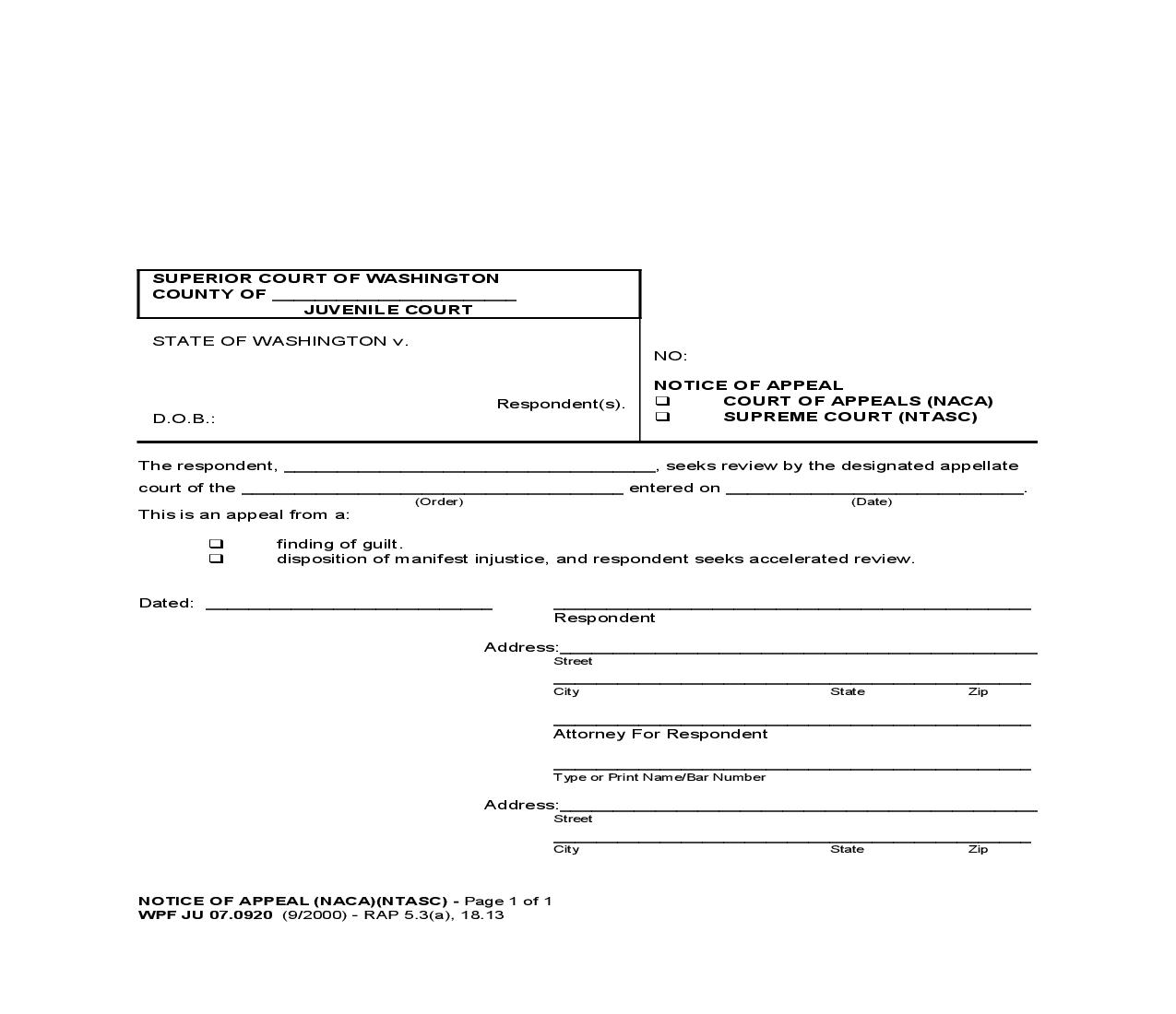 Notice Of Appeal (To Court Of Appeals Or Supreme Court) {JU 07.0920} | Pdf Fpdf Doc Docx | Washington