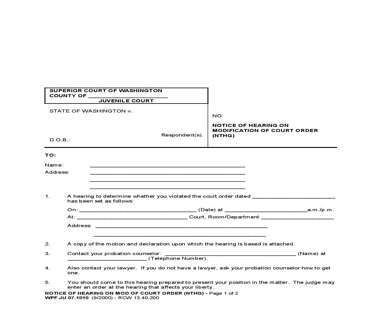 Notice Of Hearing On Modification Of Court Order {JU 07.1010} | Pdf Fpdf Doc Docx | Washington