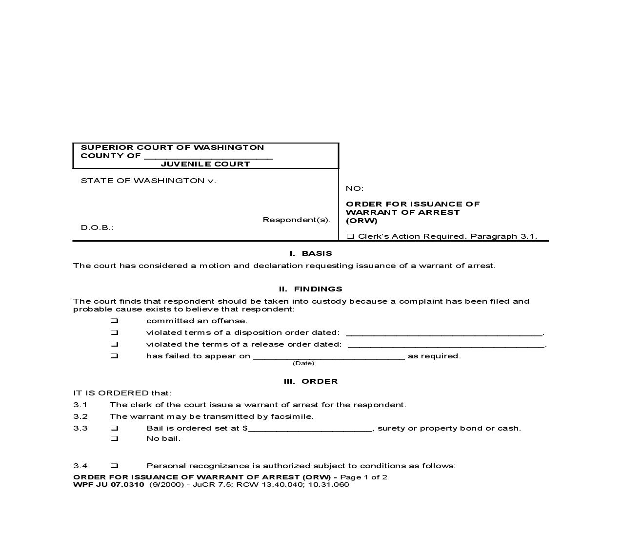 Order For Issuance Of Warrant Of Arrest {JU 07.0310} | Pdf Fpdf Doc Docx | Washington