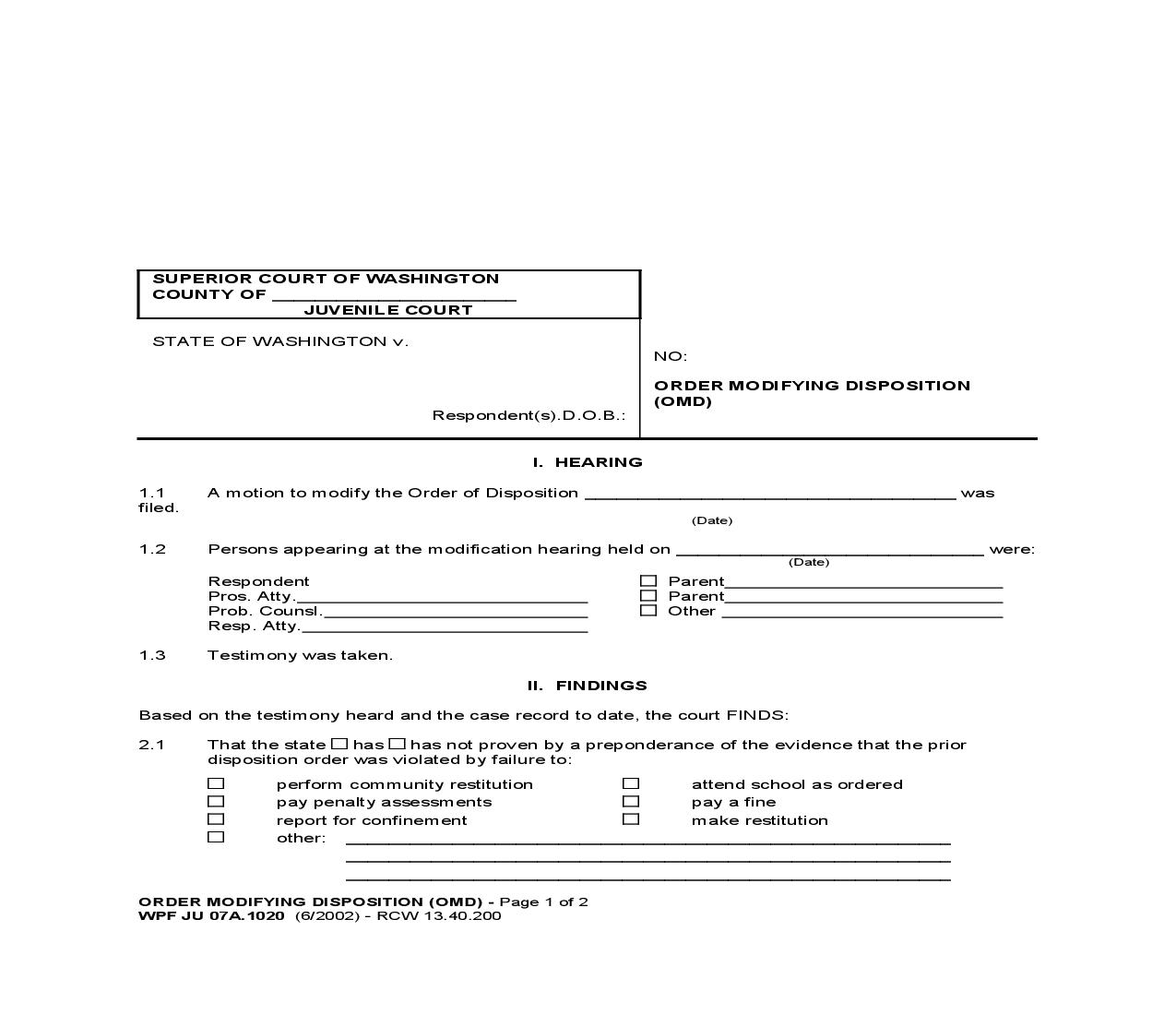 Order Modifying Disposition {JU 07A.1020} | Pdf Fpdf Doc Docx | Washington