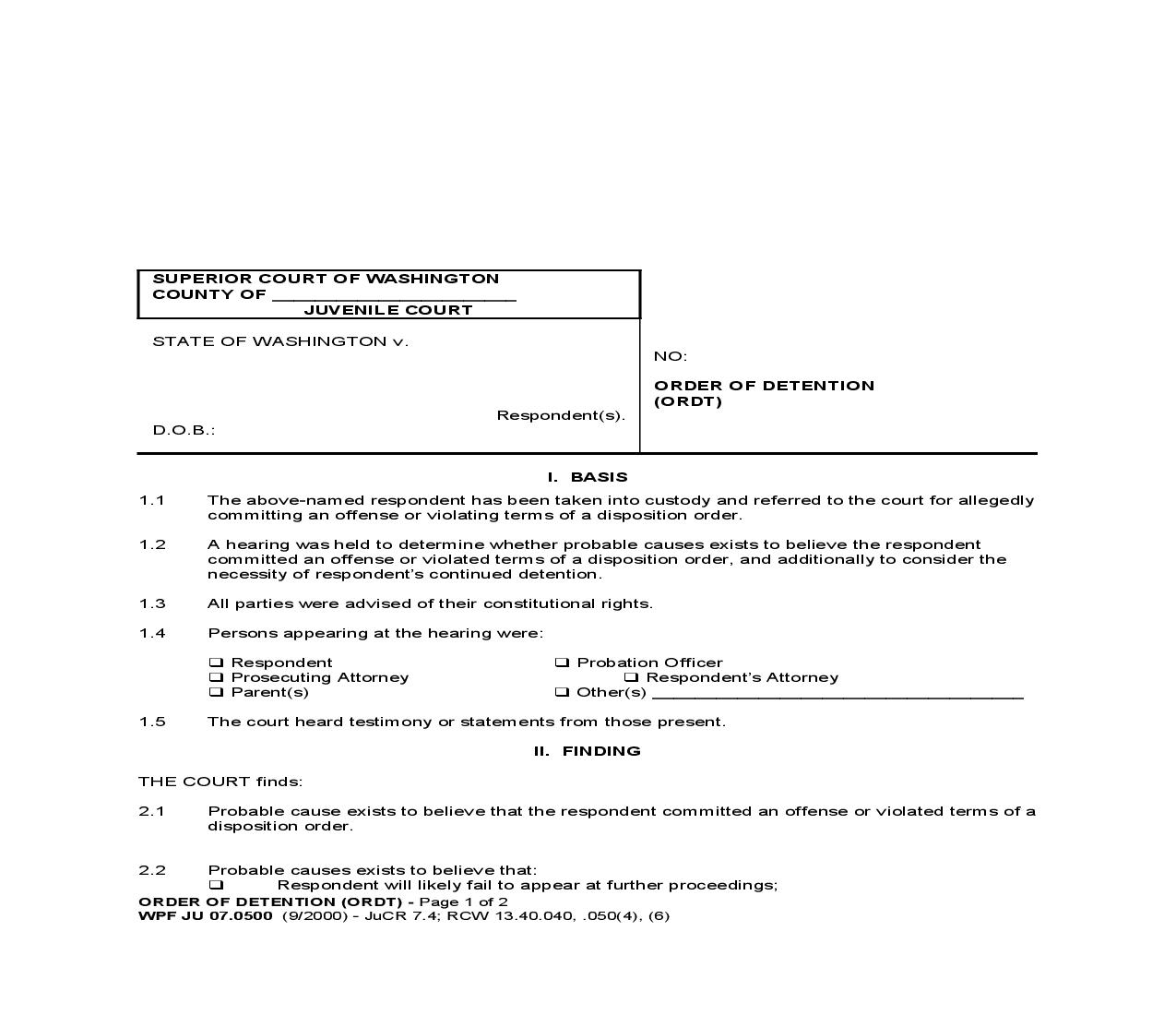 Order Of Detention {JU 07.0500} | Pdf Fpdf Doc Docx | Washington