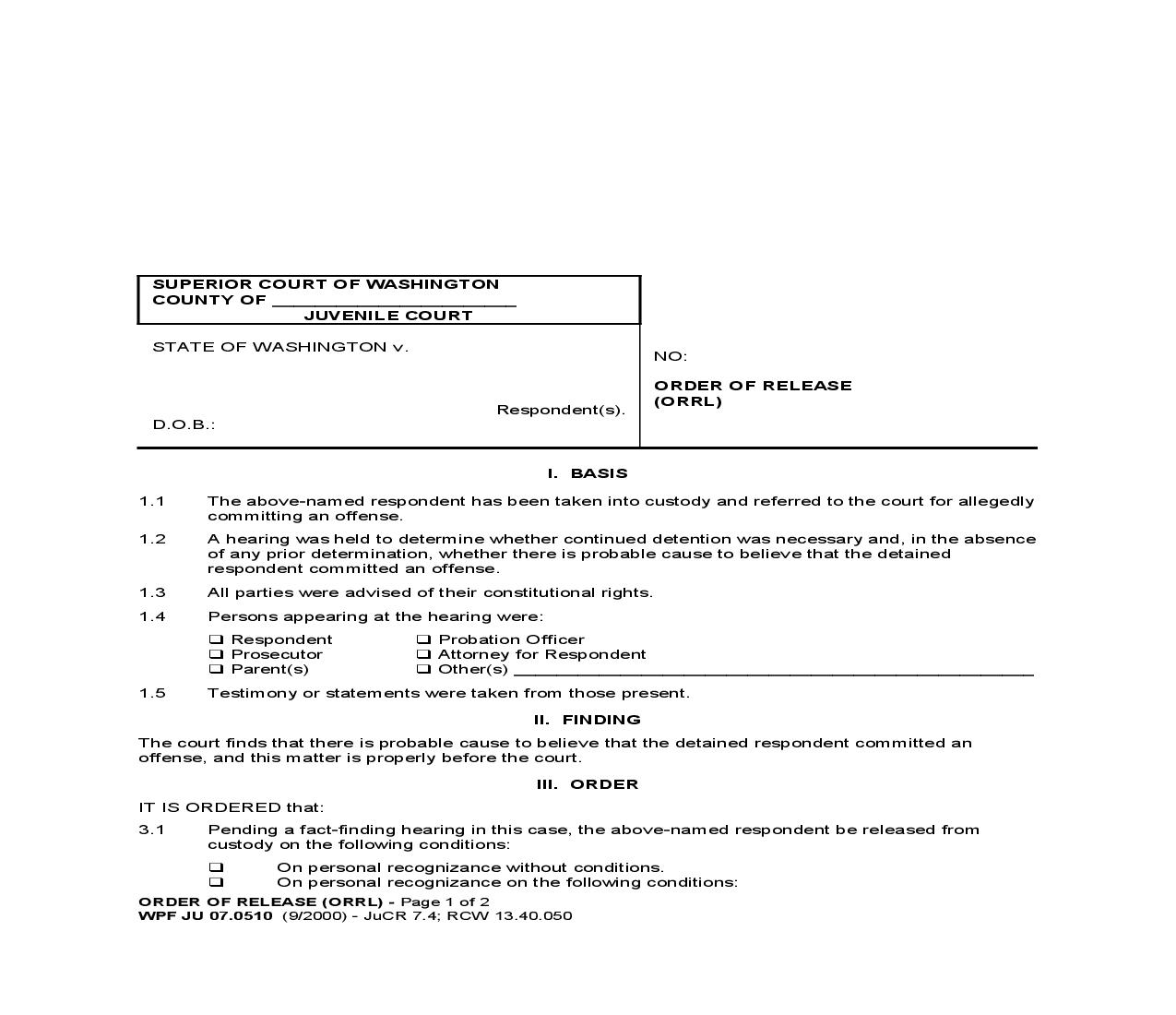 Order Of Release {JU 07.0510} | Pdf Fpdf Doc Docx | Washington