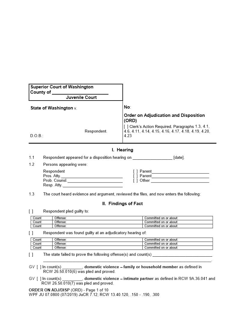 Order On Adjudication And Disposition {JU 07.0800} | Pdf Fpdf Docx | Washington