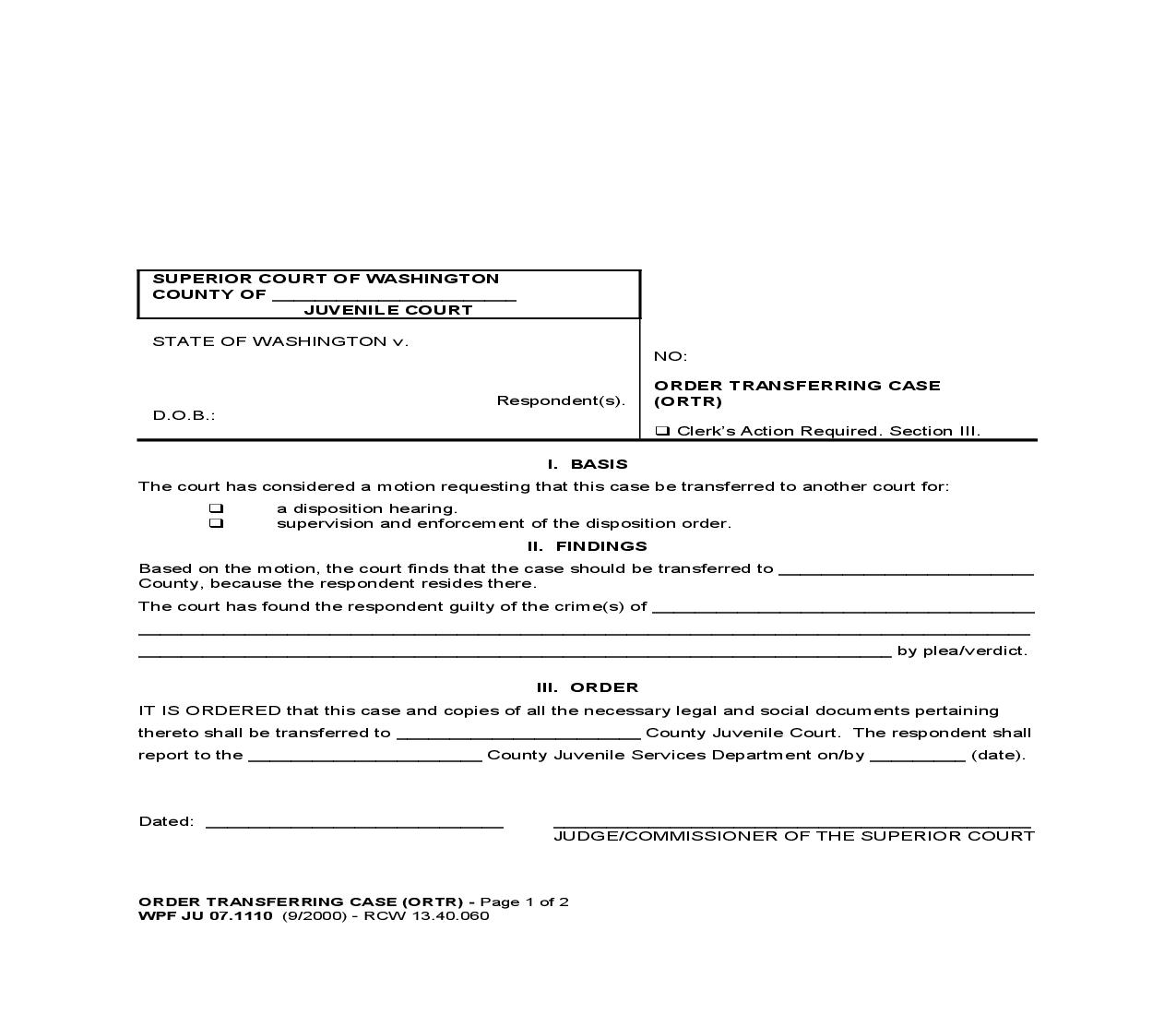 Order Transferring Case {JU 07.1110} | Pdf Fpdf Doc Docx | Washington