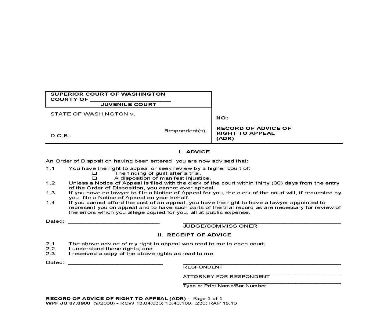 Record Of Advice Of Right To Appeal {JU 07.0900} | Pdf Fpdf Doc Docx | Washington