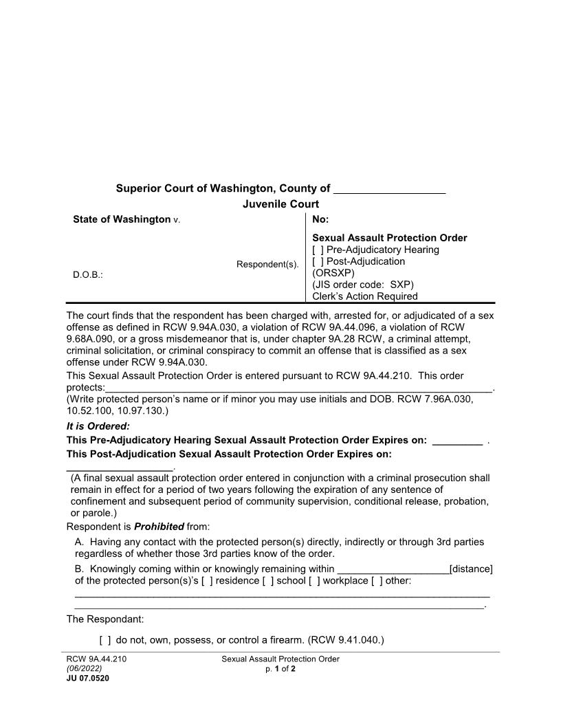 Sexual Assault Protection Order {JU 07.0520} | Pdf Fpdf Doc Docx | Washington