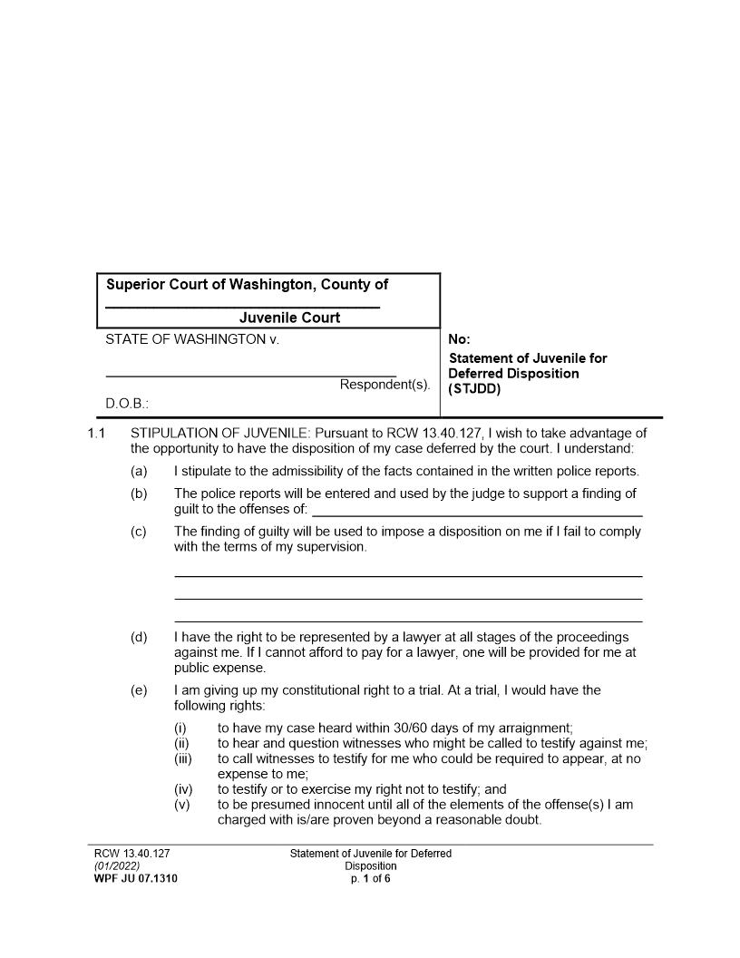Statement Of Juvenile For Deferred Disposition {JU 07.1310} | Pdf Fpdf Docx | Washington