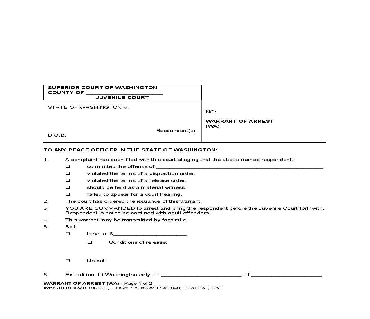 Warrant Of Arrest {JU 07.0320} | Pdf Fpdf Doc Docx | Washington
