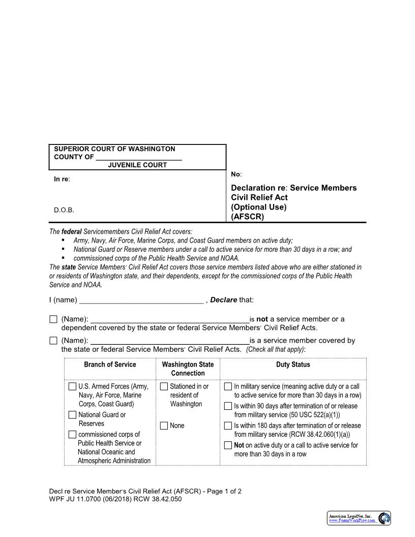 Declaration Regarding Service Members Civil Relief Act {JU 11.0700} | Pdf Fpdf Docx | Washington
