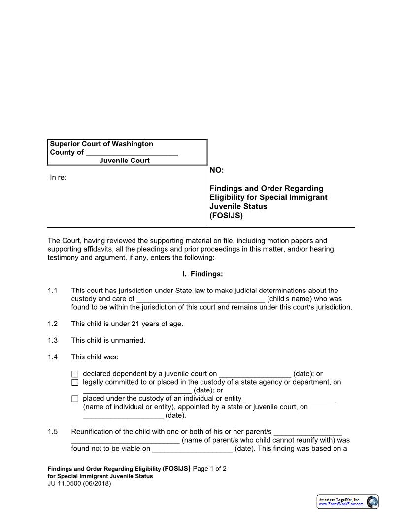 Findings And Order Regarding Eligibility For Special Immigrant Juvenile Status {JU 11.0500} | Pdf Fpdf Docx | Washington