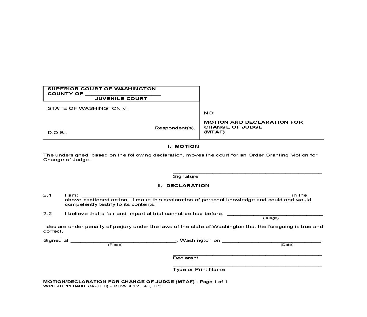 Motion And Declaration For Change Of Judge {JU 11.0400} | Pdf Fpdf Doc Docx | Washington