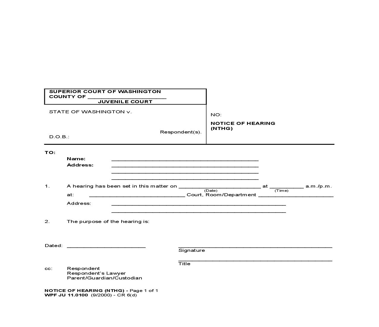 Notice Of Hearing {JU 11.0100} | Pdf Fpdf Doc Docx | Washington