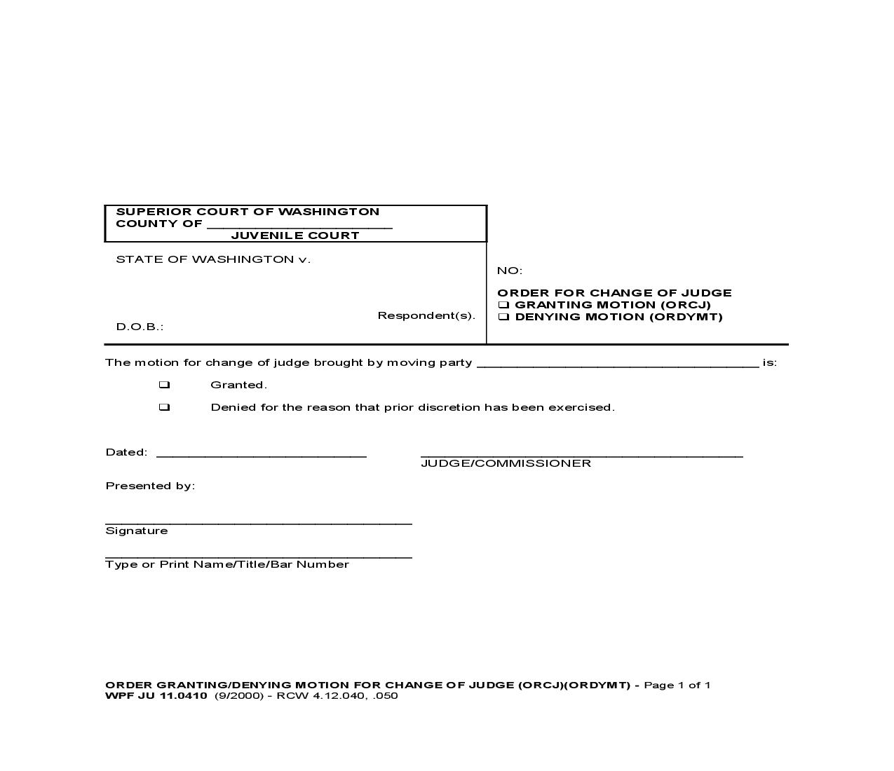 Order For Change Of Judge {JU 11.0410} | Pdf Fpdf Doc Docx | Washington