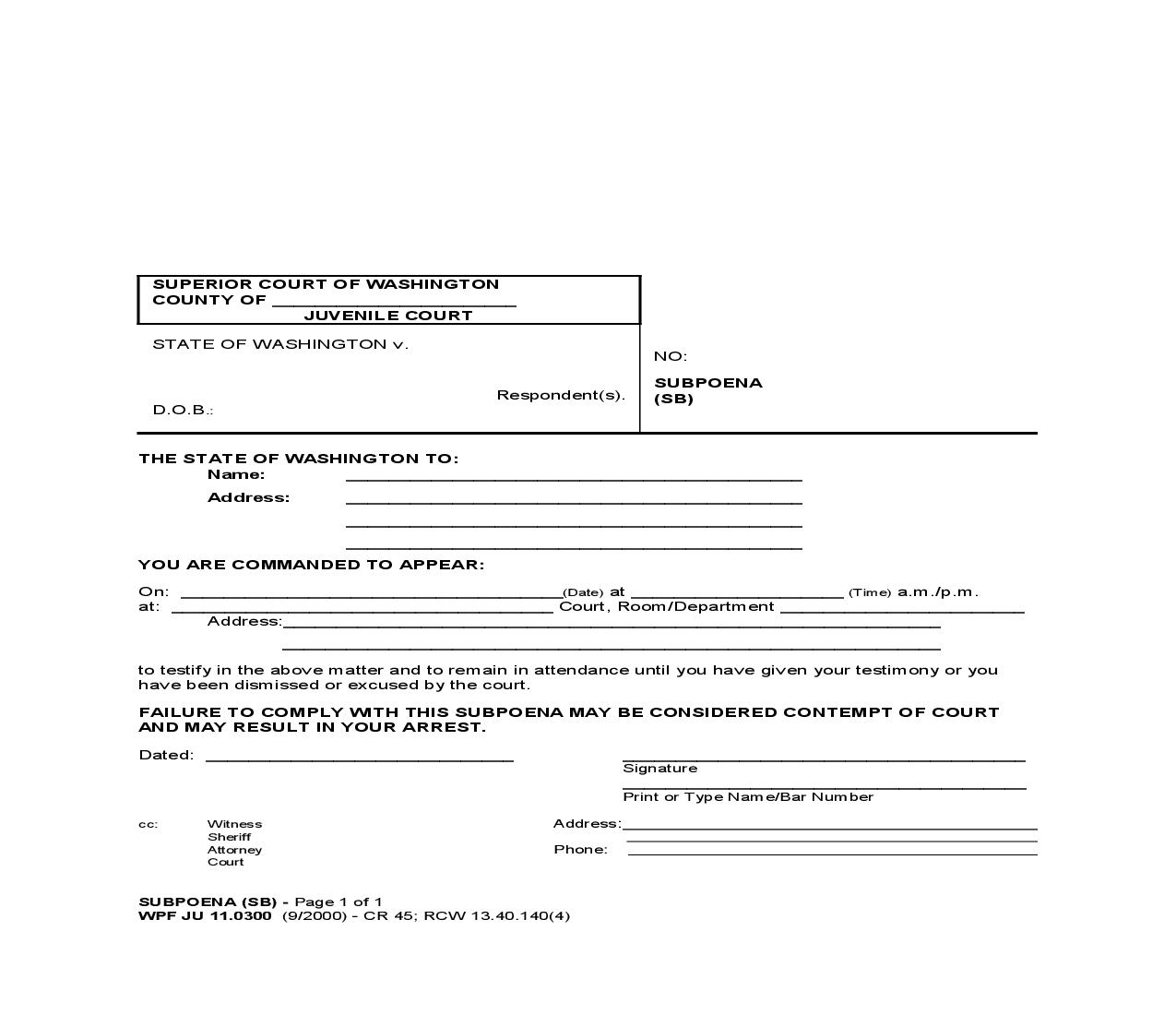 Subpoena {JU 11.0300} | Pdf Fpdf Doc Docx | Washington
