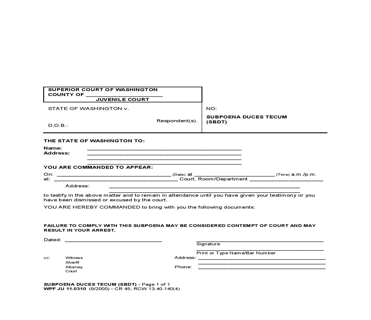 Subpoena Duces Tecum {JU 11.0310} | Pdf Fpdf Doc Docx | Washington