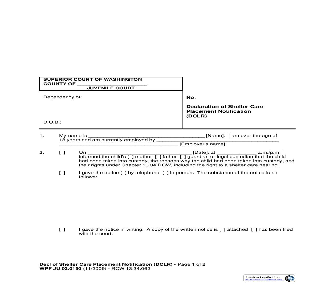 Declaration Of Shelter Care Placement Notification {JU 02.0150} | Pdf Fpdf Doc Docx | Washington