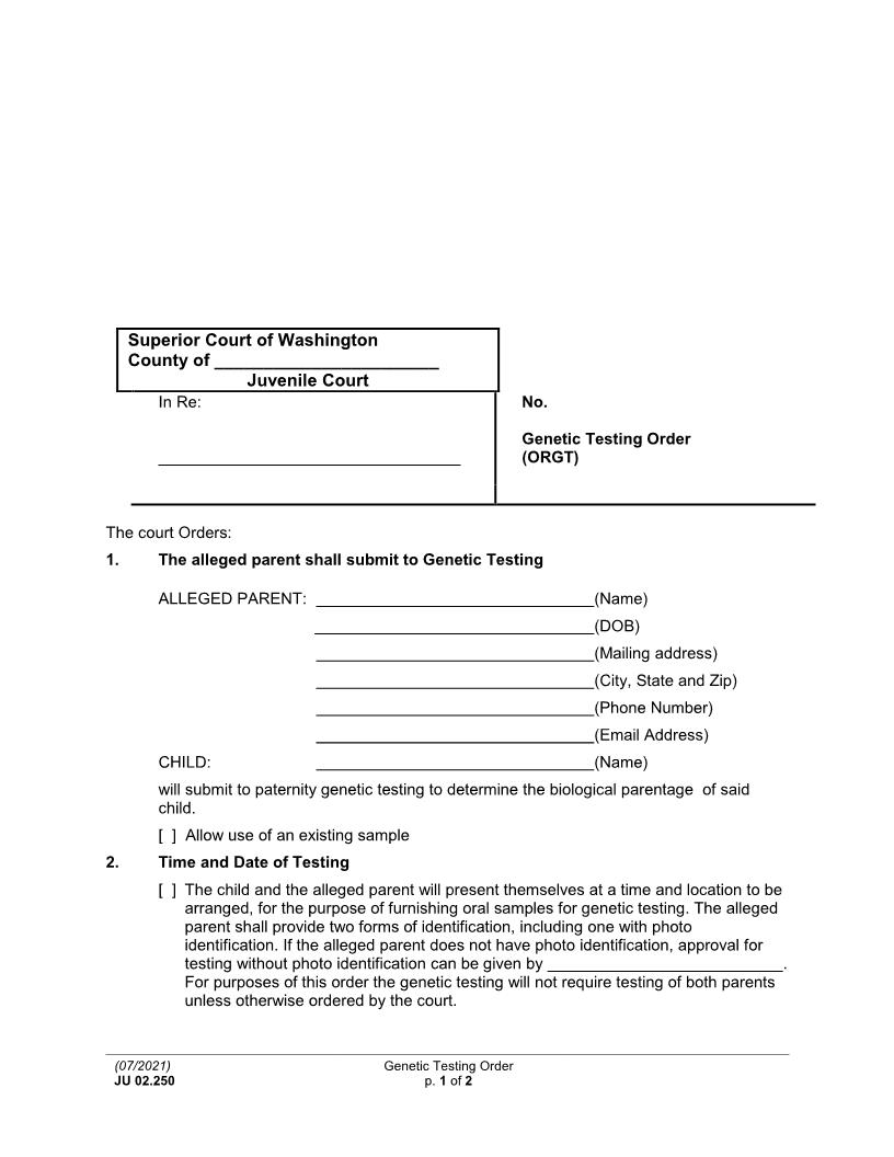 Genetic Testing Order {JU 02.250} | Pdf Fpdf Docx | Washington