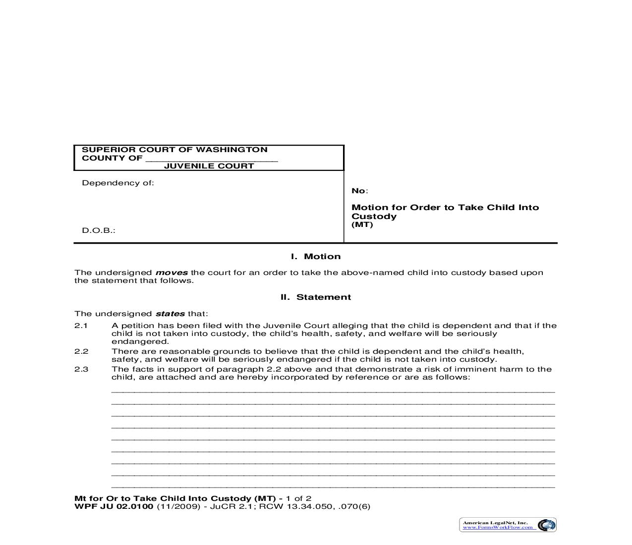 Motion For Order To Take Child Into Custody {JU 02.0100} | Pdf Fpdf Doc Docx | Washington