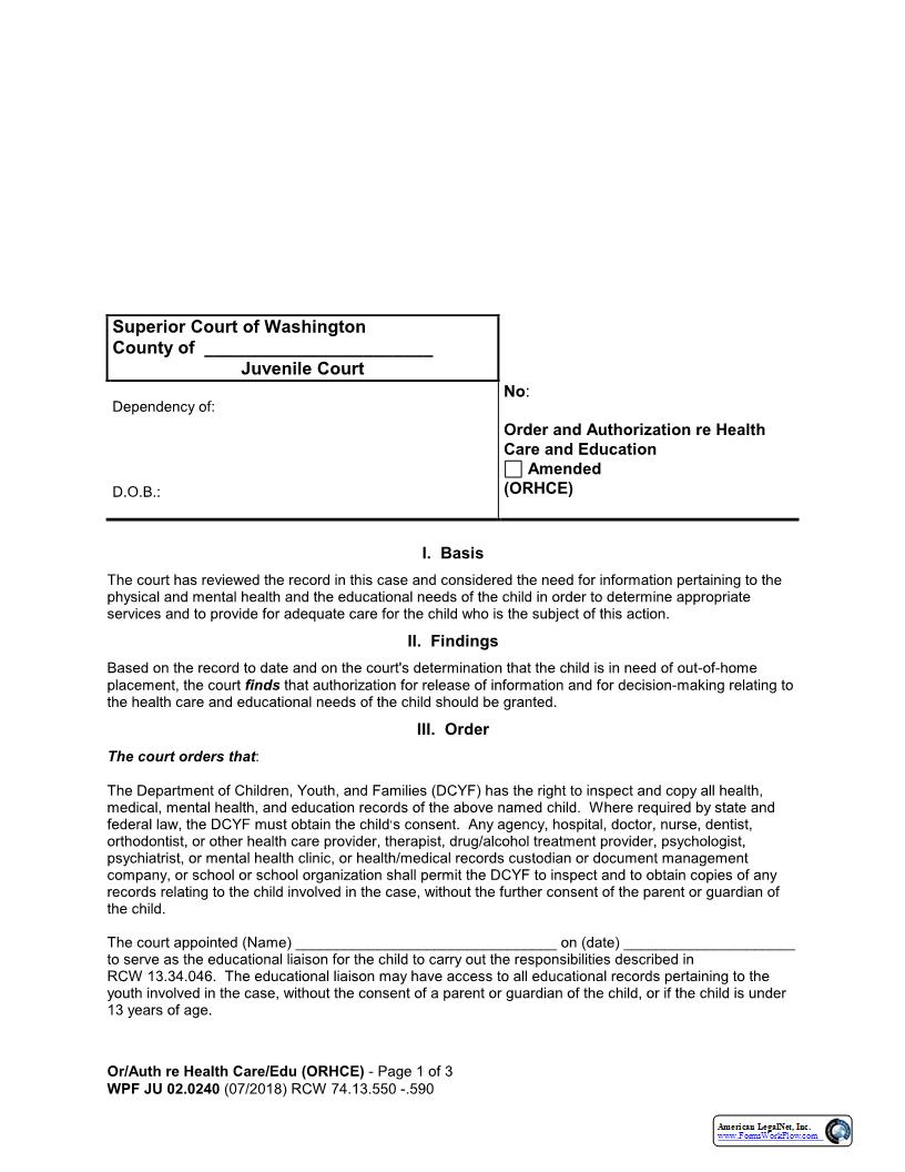 Order And Authorization Re Health Care And Education {JU 02.0240} | Pdf Fpdf Docx | Washington