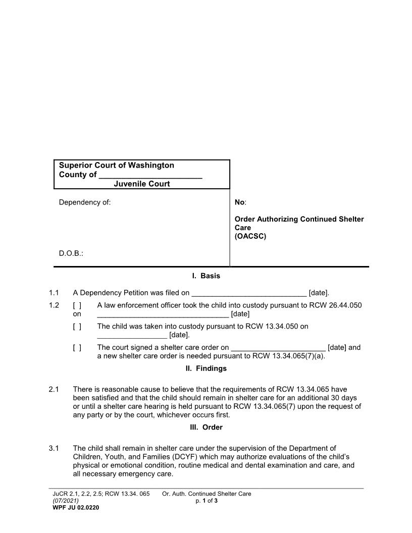 Order Authorizing Continued Shelter Care {JU 02.0220} | Pdf Fpdf Docx | Washington