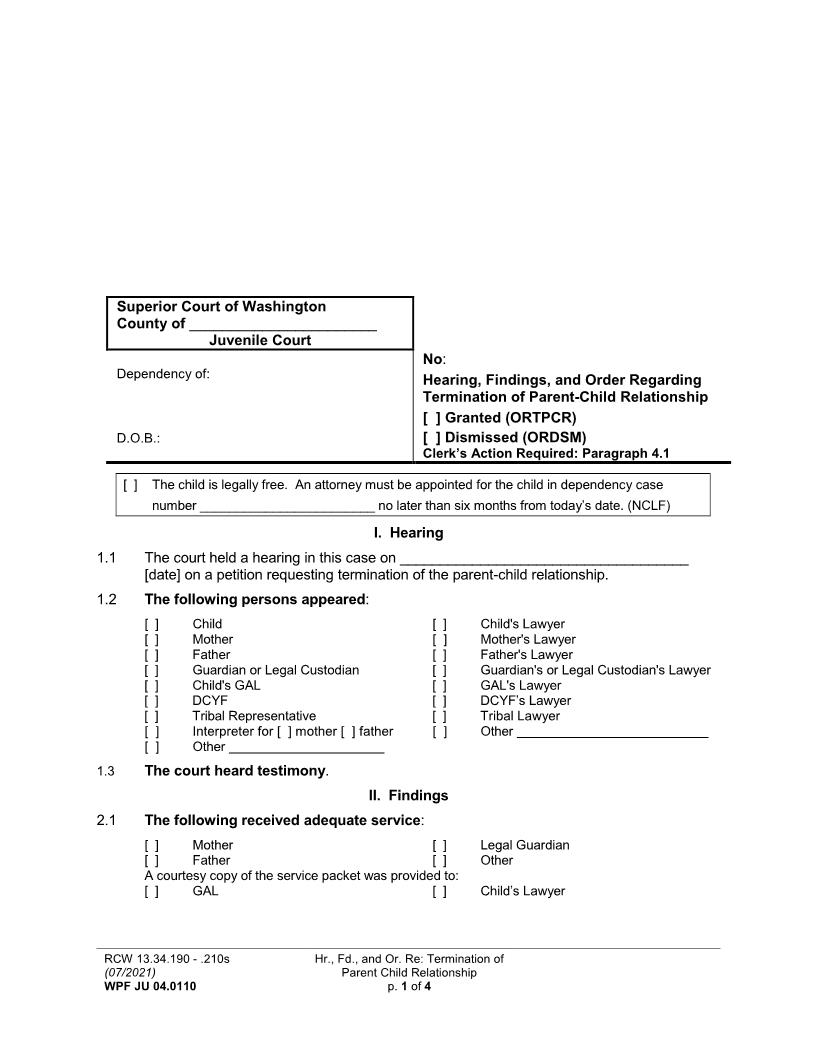 Hearing Findings And Order Termination Of Parent Child Relationship {JU 04.0110} | Pdf Fpdf Docx | Washington