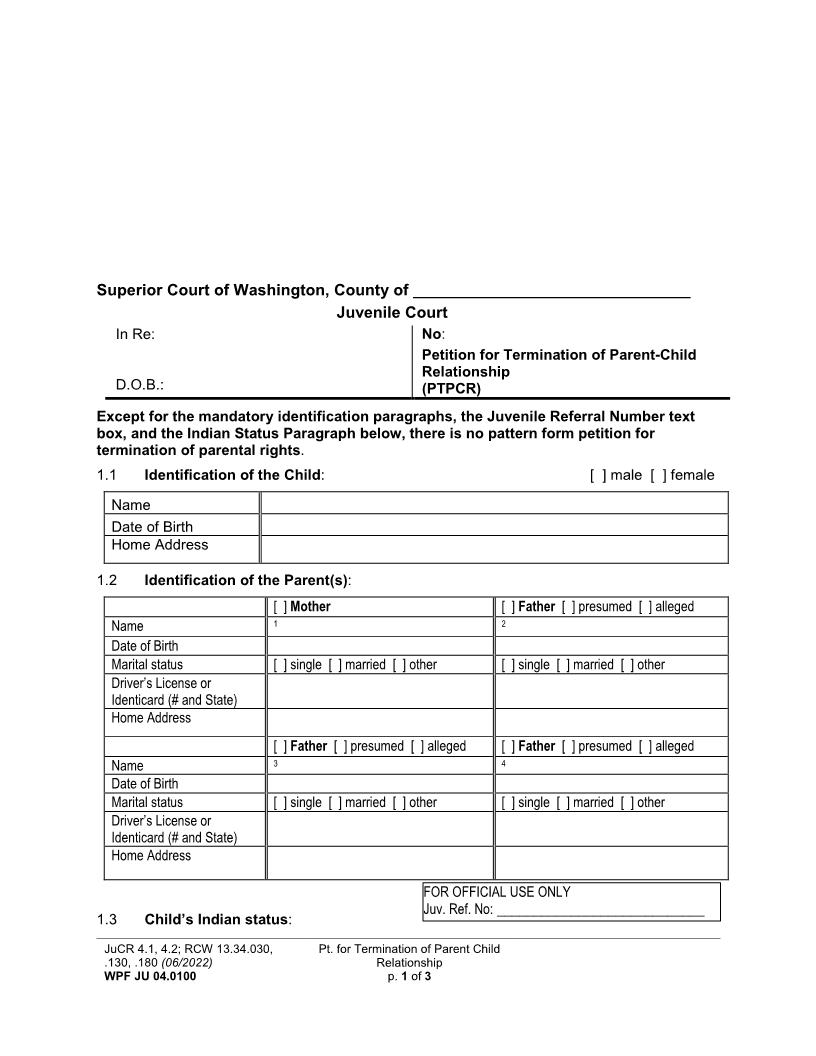 Petition For Termination Of Parent Child Relationship {JU 04.0100} | Pdf Fpdf Docx | Washington