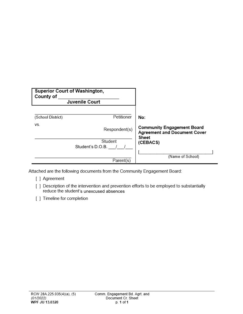 Community Engagement Board Agreement And Document Cover Sheet {JU 13.0320} | Pdf Fpdf Docx | Washington