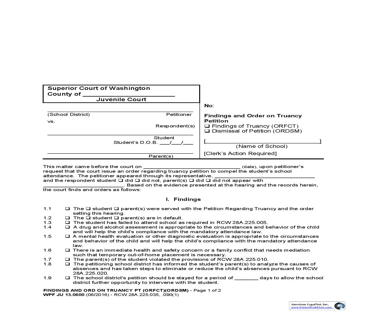 Findigs And Order On Truancy Petition {JU 13.0600} | Pdf Fpdf Doc Docx | Washington