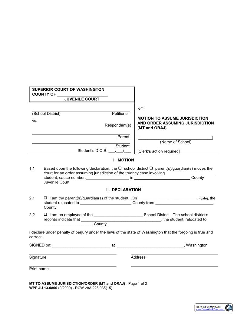 Motion And Order To Assume Jurisdiction {JU 13.0800} | Pdf Fpdf Docx | Washington