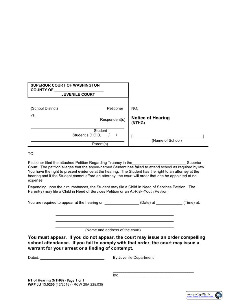 Notice Of Hearing {JU 13.0200} | Pdf Fpdf Docx | Washington