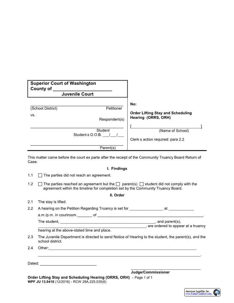 Order Lifting Stay And Scheduling Hearing {JU 13.0410} | Pdf Fpdf Docx | Washington