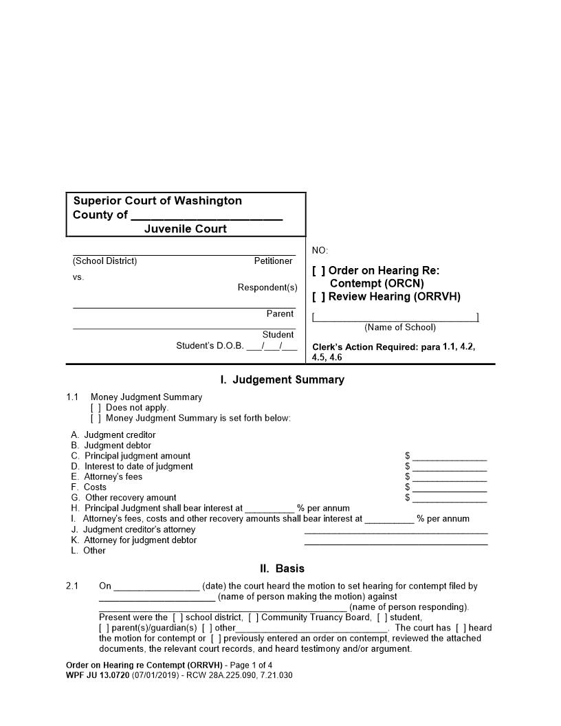 Order On Hearing Re Contempt {JU 13.0720} | Pdf Fpdf Docx | Washington