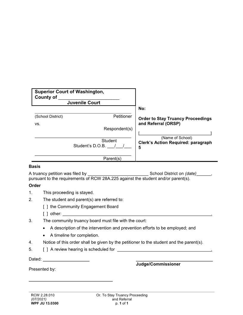Order To Stay Truancy Proceedings And Referral {JU 13.0300} | Pdf Fpdf Docx | Washington
