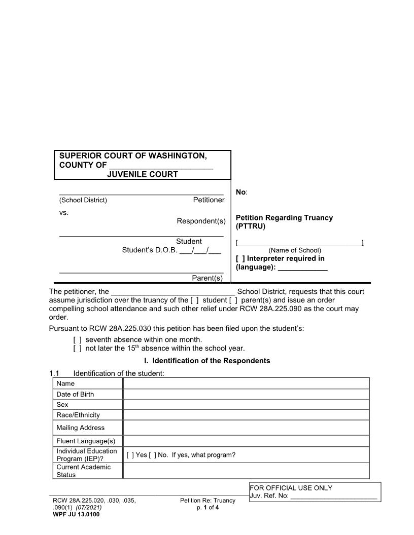 Petition Regarding Truancy {JU 13.0100} | Pdf Fpdf Docx | Washington