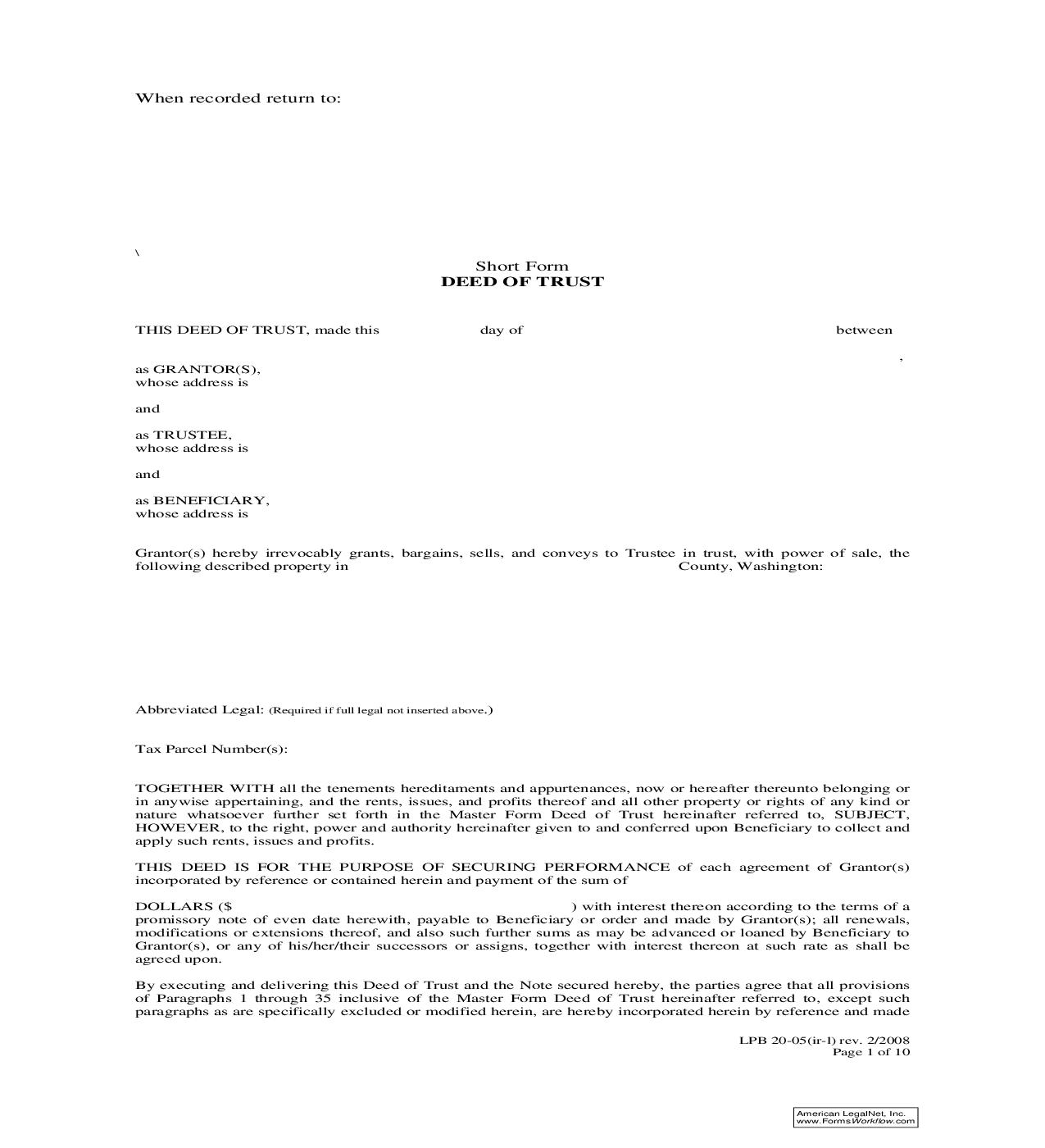 Deed Of Trust Short Form {LPB 20-05(ir-l)} |  | Washington