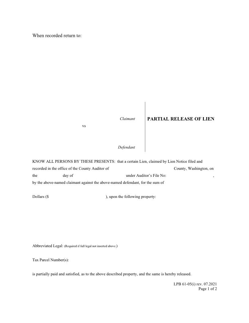 Partial Release Of Lien {LPB 61-05(i)} | Pdf Fpdf Docx | Washington