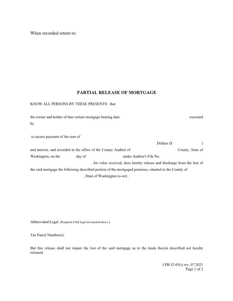 Partial Release Of Mortgage {LPB 52-05(i)} | Pdf Fpdf Docx | Washington