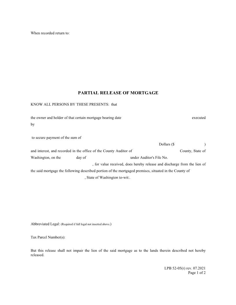 Partial Release Of Mortgage {LPB 52-05(r)} | Pdf Fpdf Docx | Washington