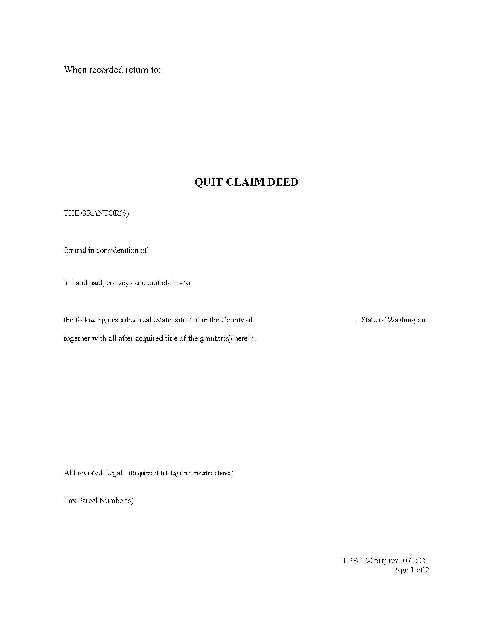 Quit Claim Deed {LPB 12-05(r)} | Pdf Fpdf Docx | Washington